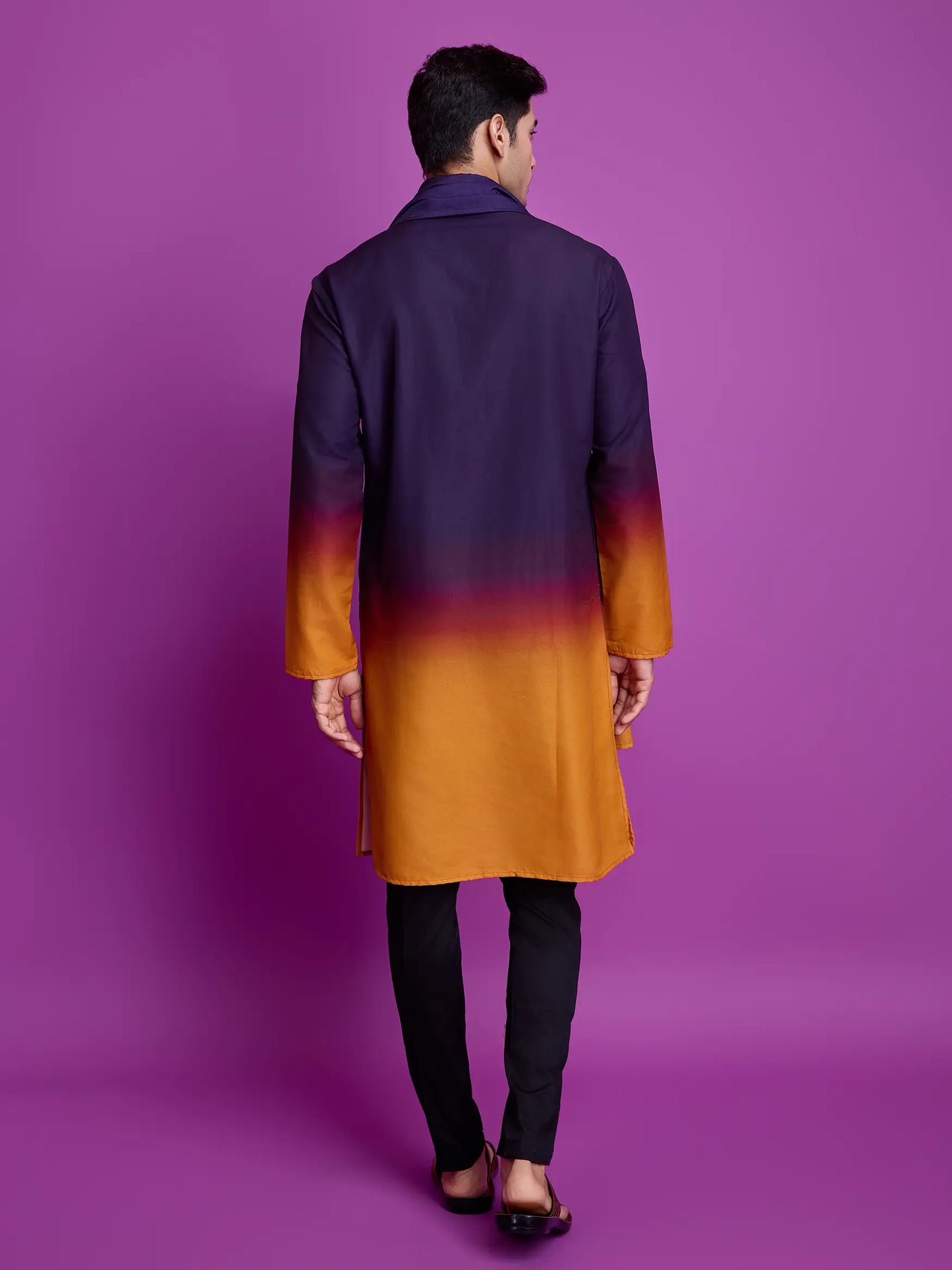 Lila und senffarbene Viskose-Kurta mit Handspiegelarbeit