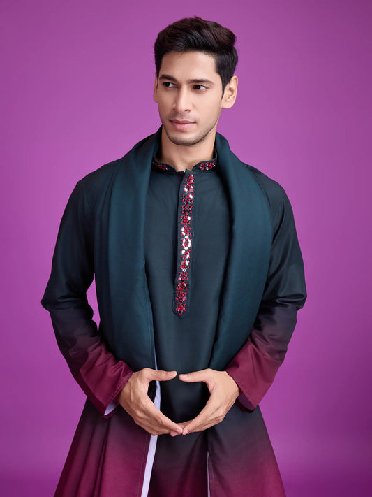 Kurta en rayon Vert et Bordeaux avec travail de miroir à la main