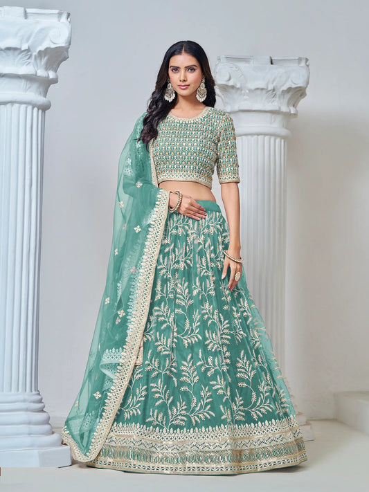 Lehenga Choli bleu aqua en filet avec broderie au fil et sequins