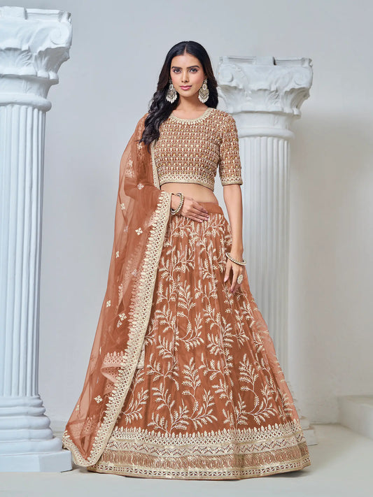 Lehenga Choli en filet orange rouille avec broderie au fil et sequins