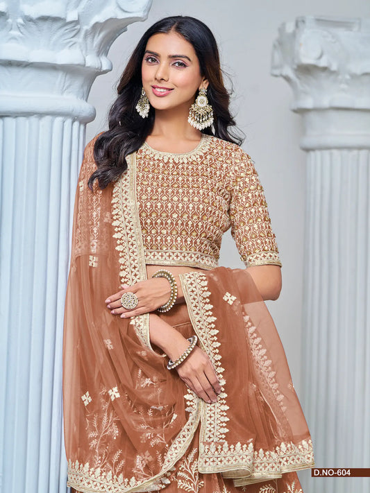 Lehenga Choli en filet orange rouille avec broderie au fil et sequins
