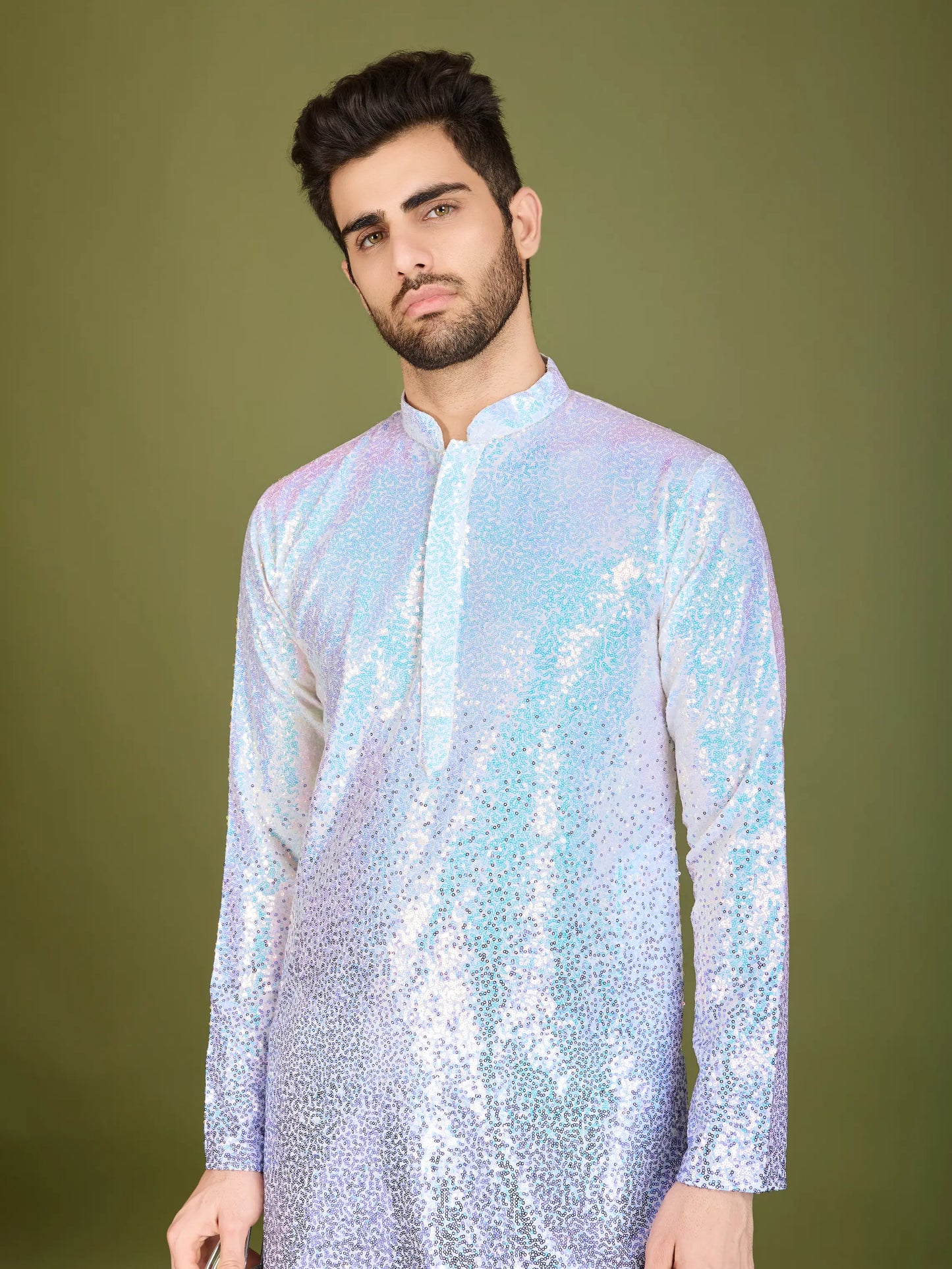 Lila Ombre Georgette Kurta mit Faden- und Paillettenstickerei