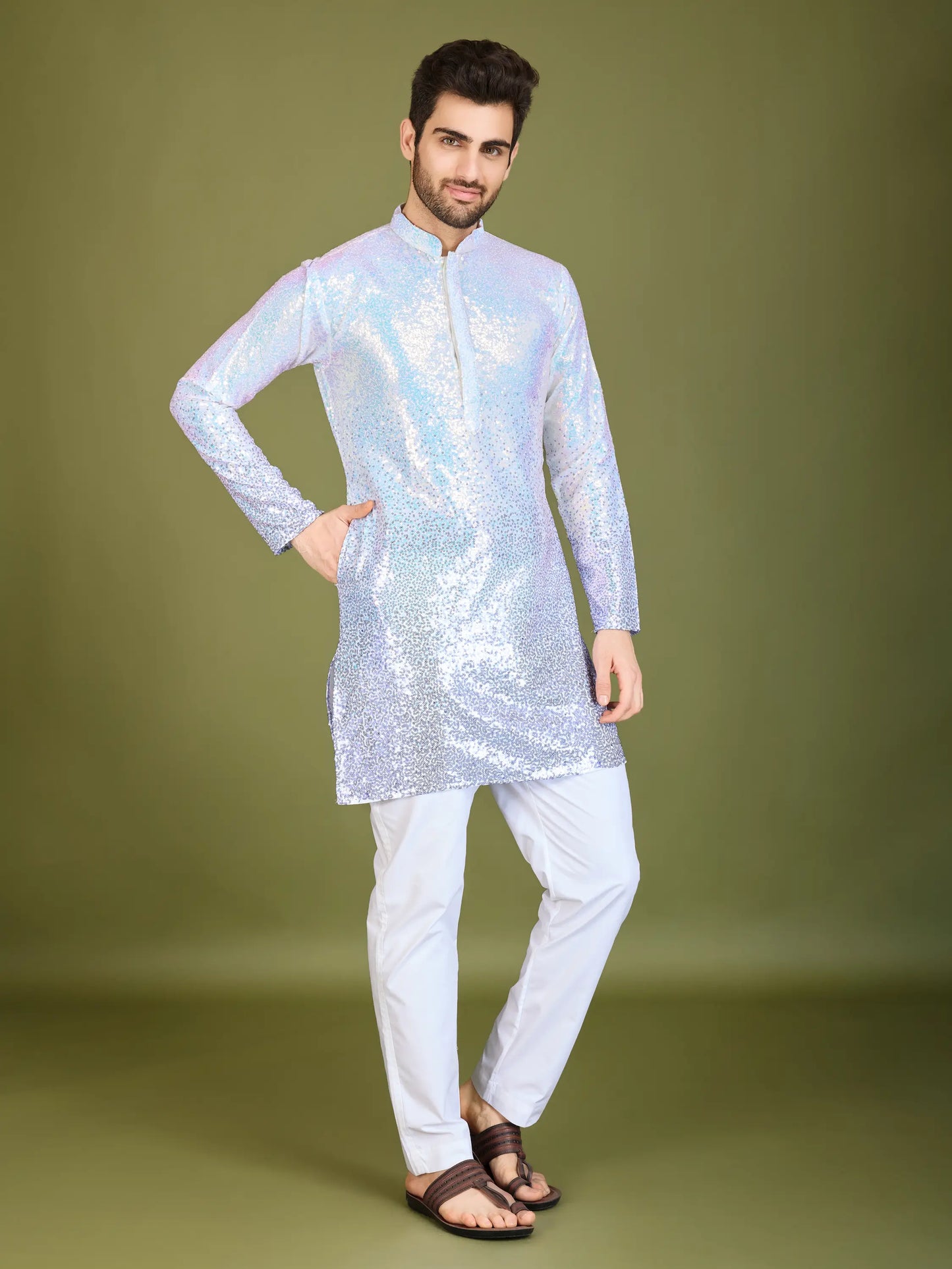 Lila Ombre Georgette Kurta mit Faden- und Paillettenstickerei