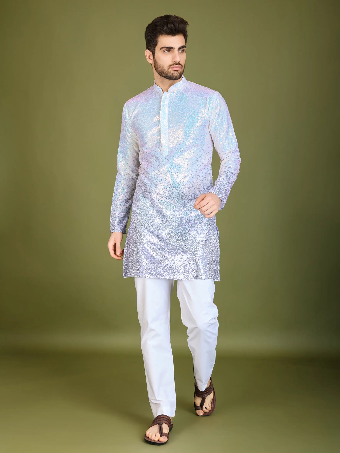 Lila Ombre Georgette Kurta mit Faden- und Paillettenstickerei