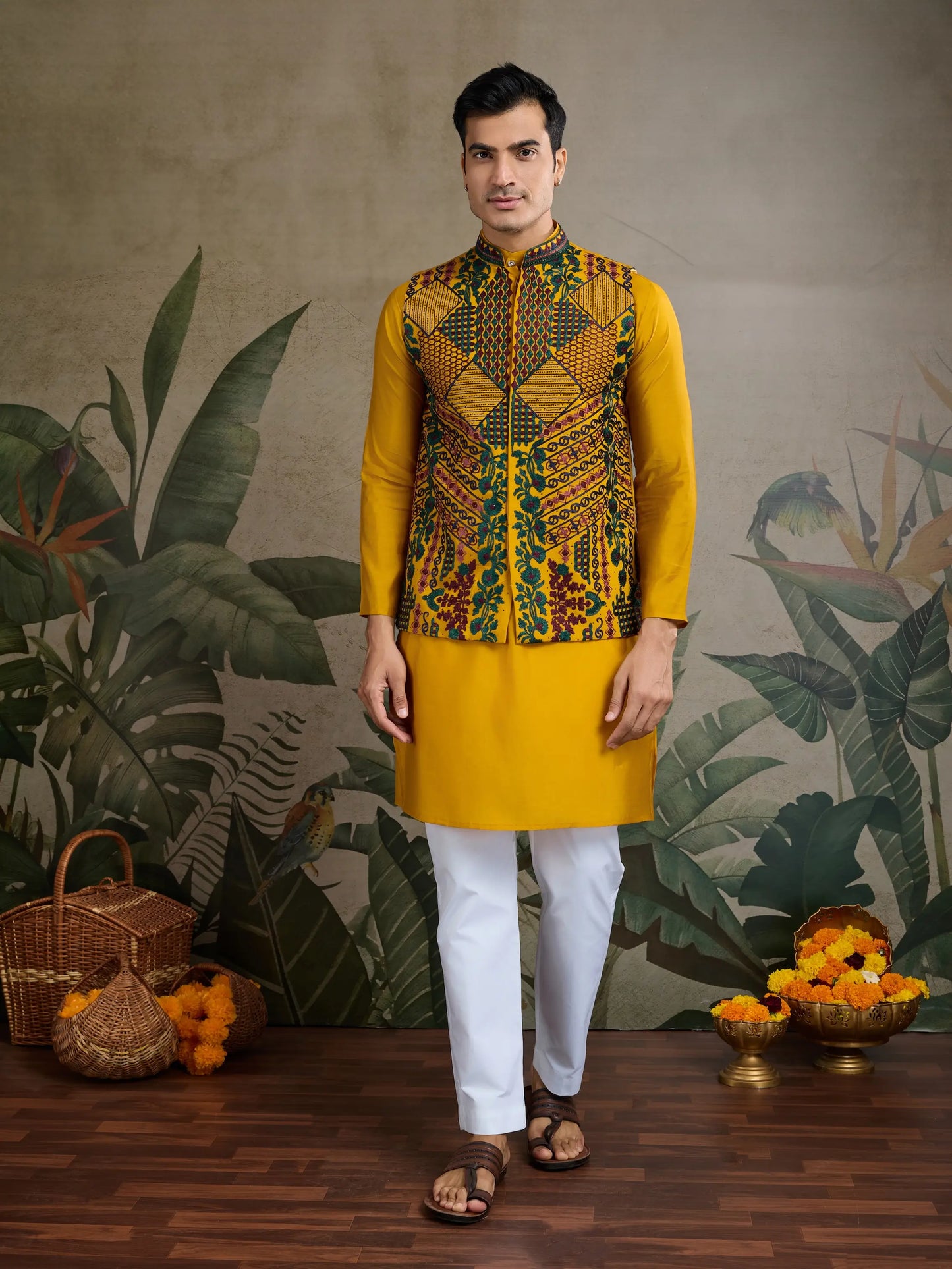 Gelbes Kurta-Set aus Seide mit Faden- und Swarovski-Stickerei, begleitet von Koti (Jacke)