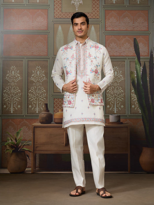 Ensemble Kurta Homme Veste Koti blanc avec broderies fleurs COLLECTION VINNY