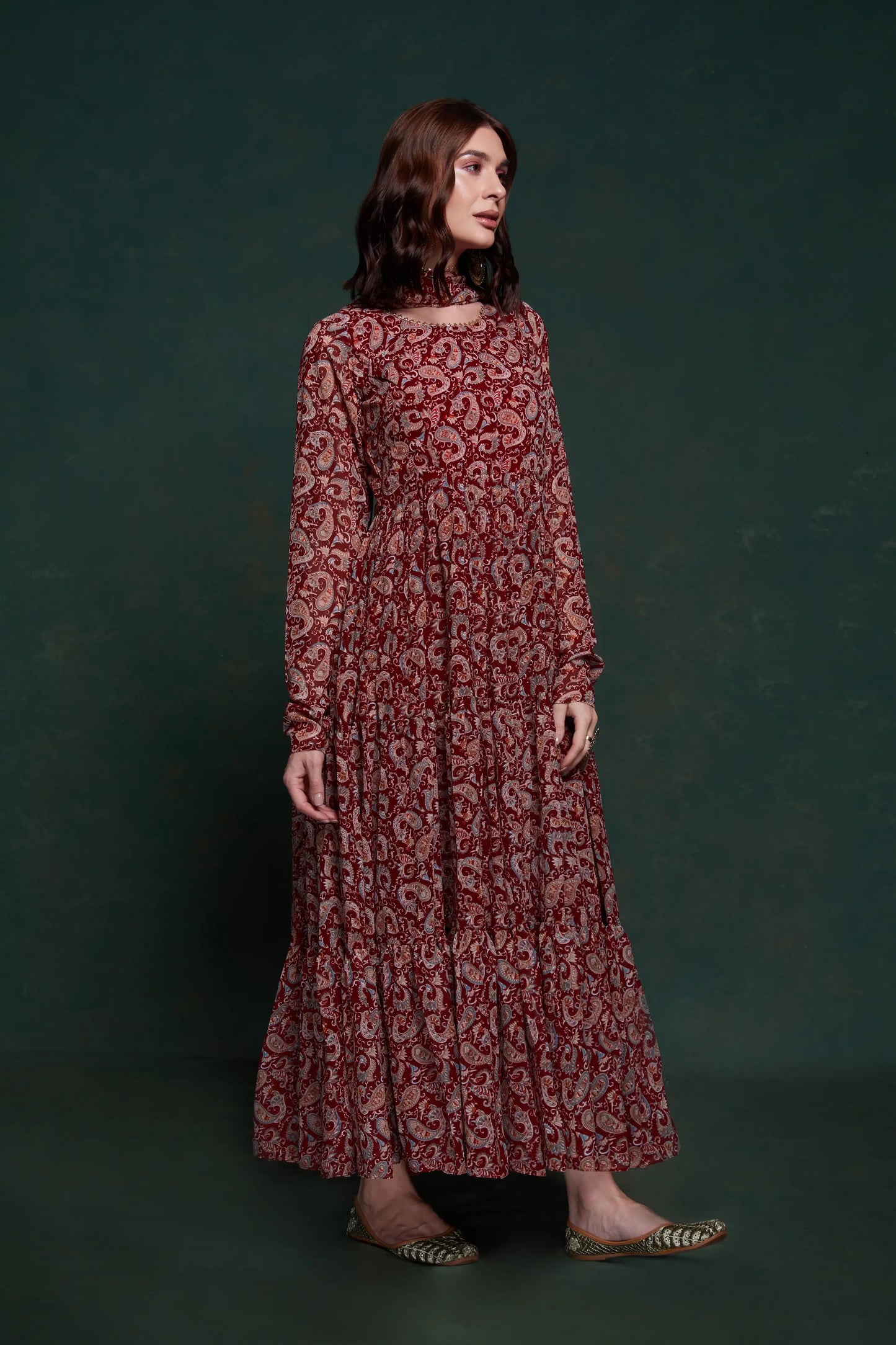 Burgundy printed dress with modern dupatta