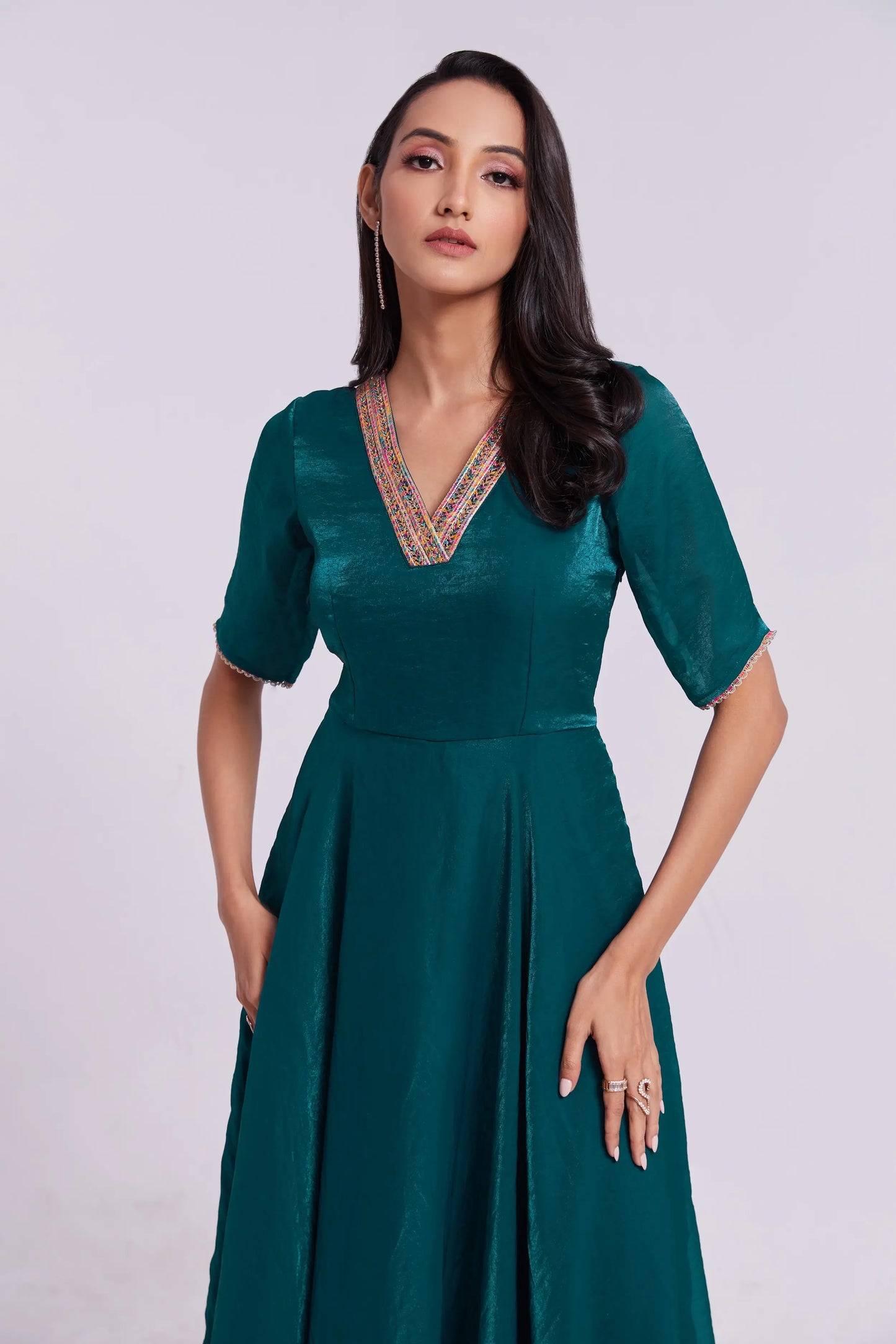 Peacock blue sheer organza long dress