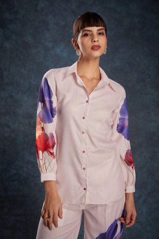 Ensemble coordonné en lin imprimé rose pâle