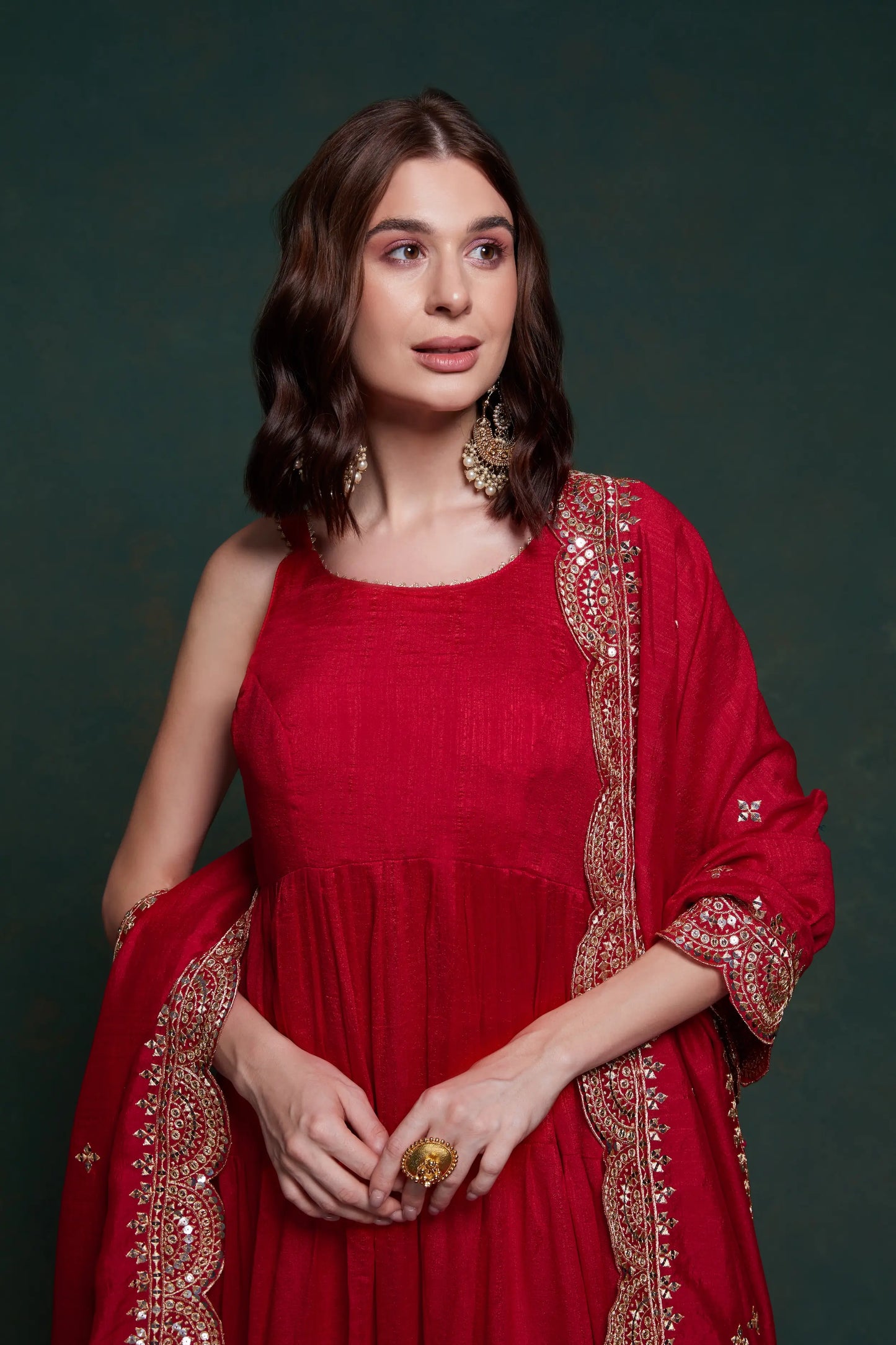 Red georgette maxi dress with elegant dupatta