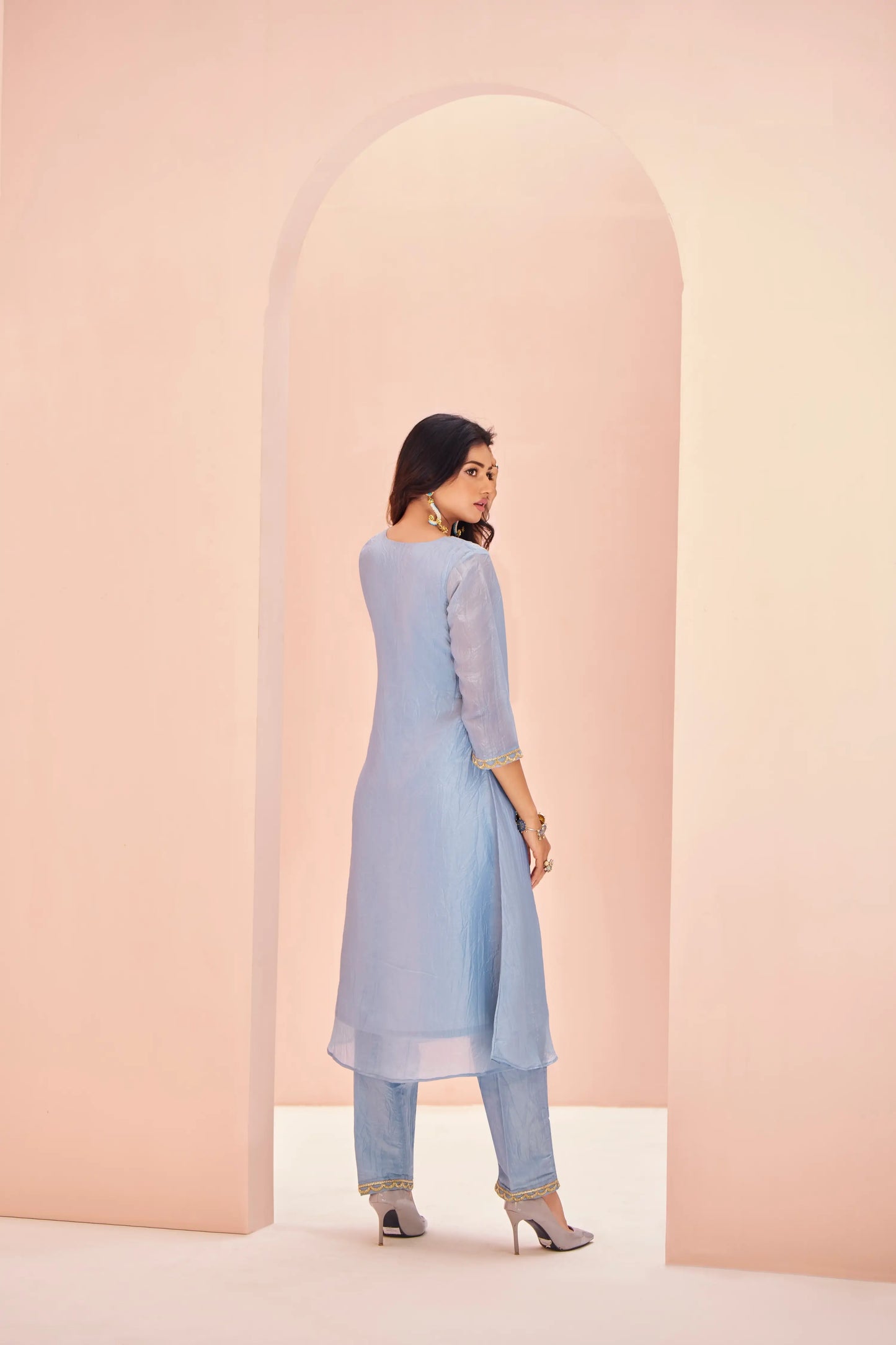 Salwar kameez en organza bleu-vert