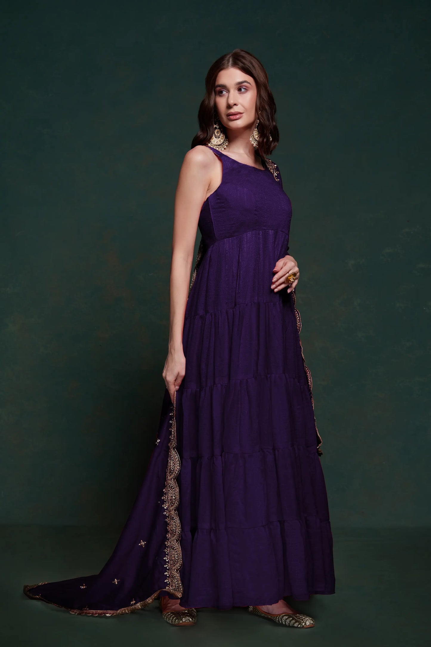 Purple silk dress with zari and sequin embroidery, accompanied by a dupatta