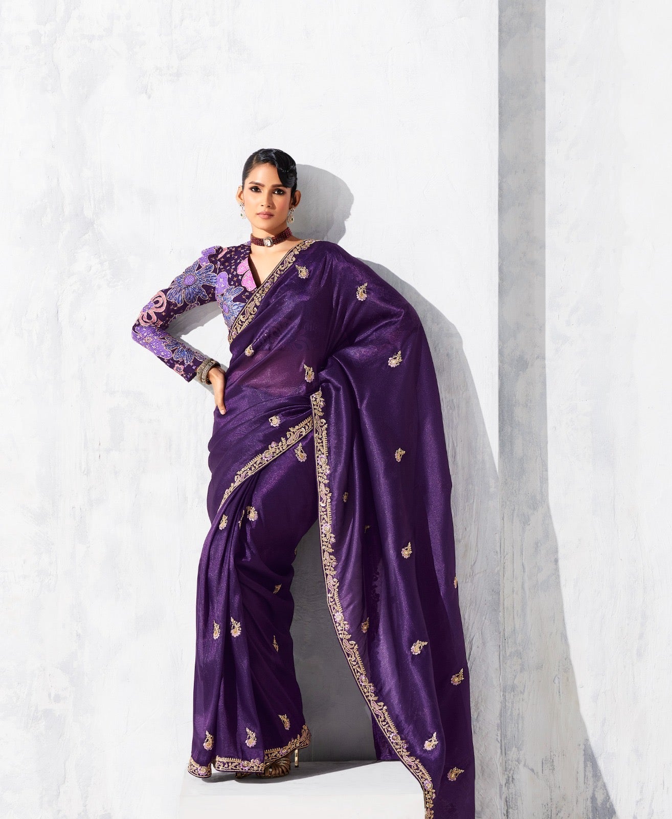 Sari violet glam organza fantaisie avec broderies COLLECTION LEYAA