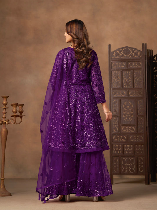 Berry-purple red Sharara set with cord embroidery, sequins and riveted beads
