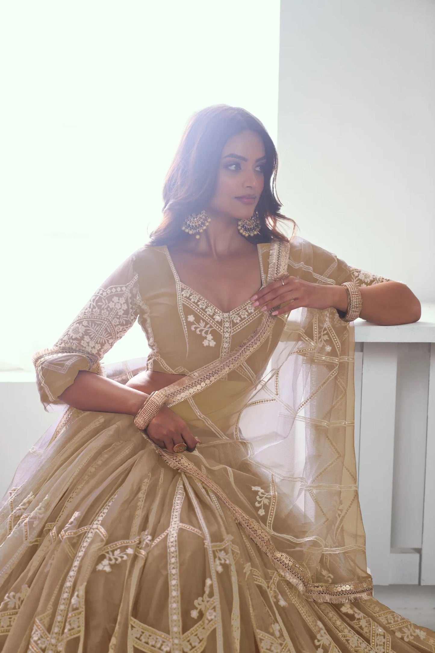 Lehenga Choli beige en tissu résille, orné de broderies au fil de coton et de sequins scintillants COLLECTION CHANDRALEKHA
