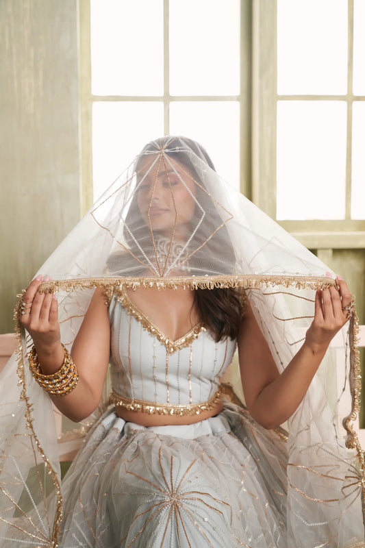 Ensemble Lehenga Traditionnel de Fête Gris Clair avec Broderies Scintillantes COLLECTION CHANDRALEKHA