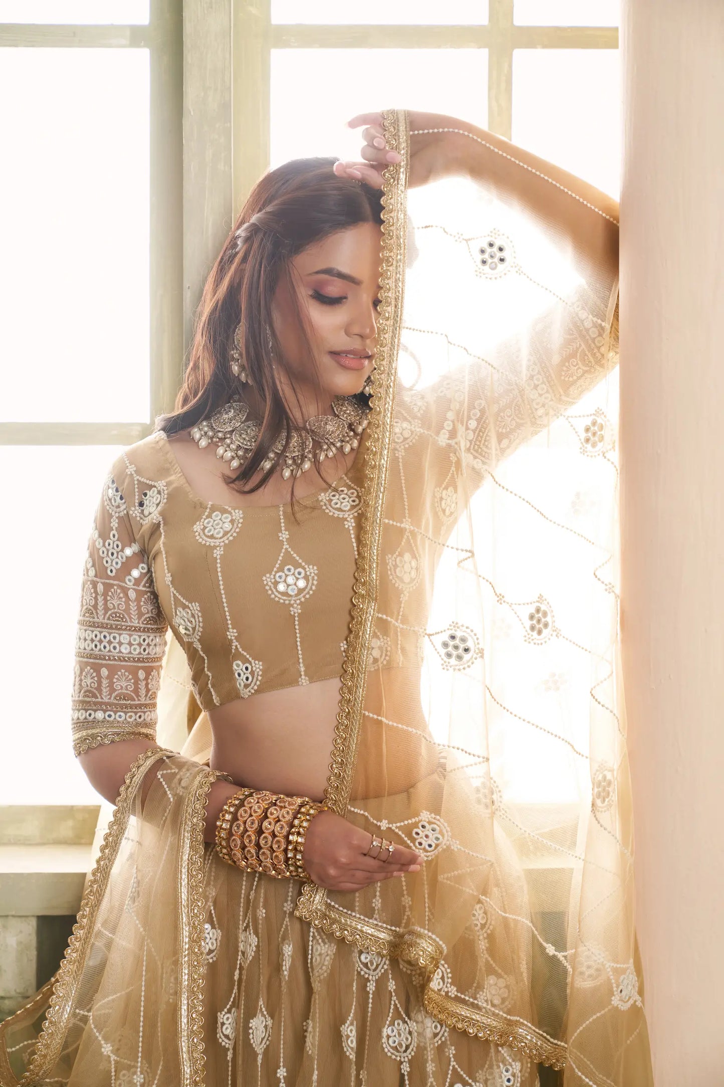 Lehenga Choli beige en résille avec broderie au fil de coton et sequins COLLECTION CHANDRALEKHA