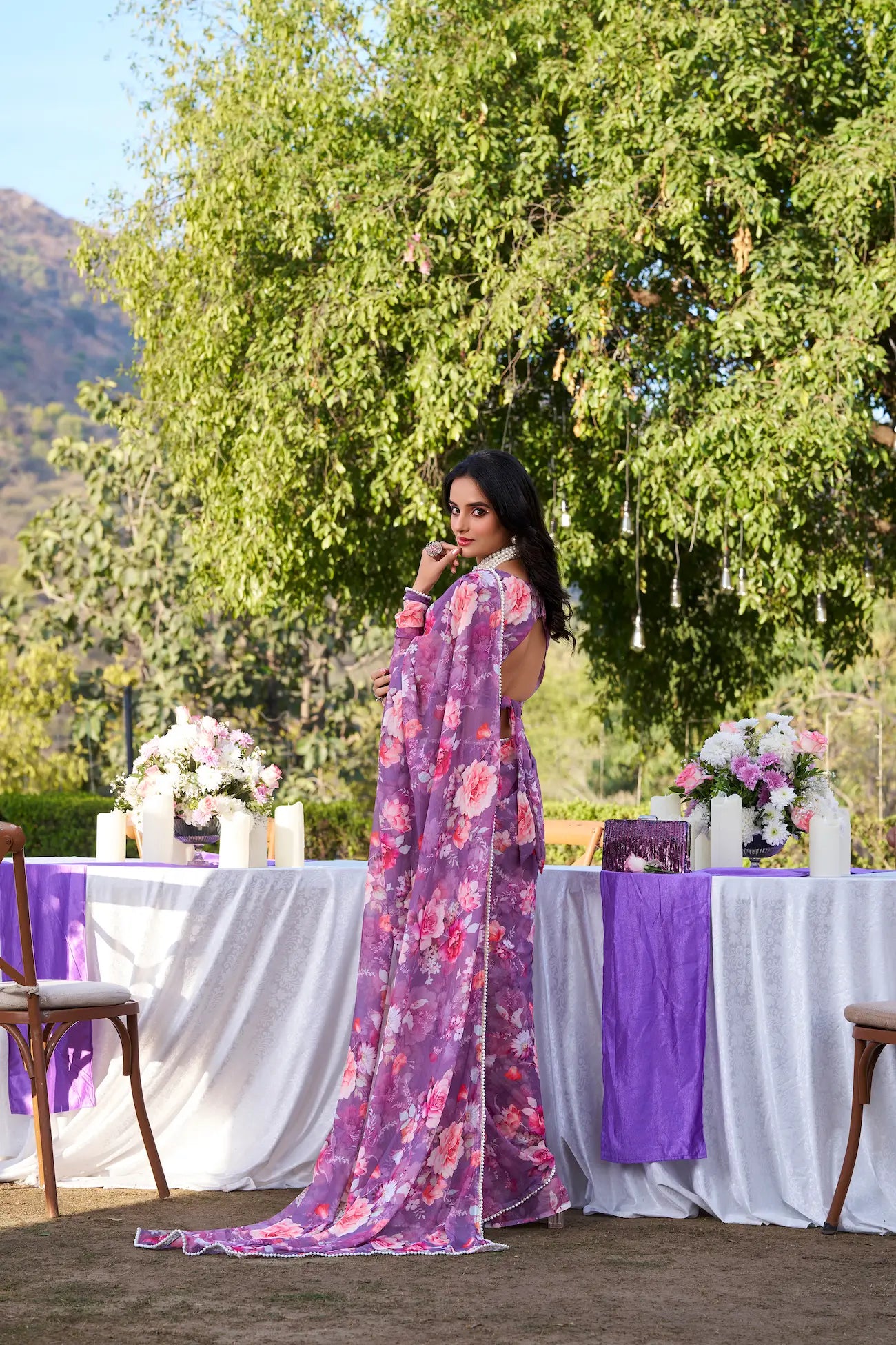 Sari fleuri Marbal Ultra-léger mauve et bordure en dentelle de perles, manches longues COLLECTION KATRINA