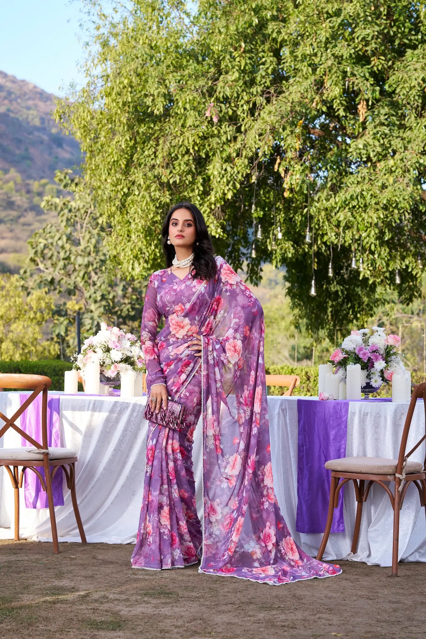 Sari fleuri Marbal Ultra-léger mauve et bordure en dentelle de perles, manches longues COLLECTION KATRINA