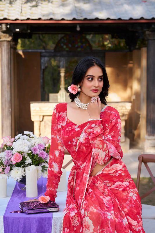 Sari Marbal ultra-léger rouge avec imprimé floral et bordure en dentelle de perles COLLECTION KATRINA