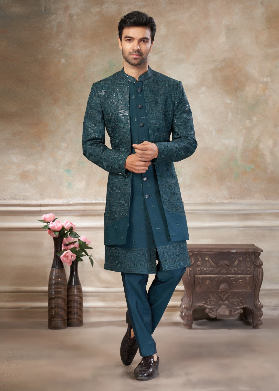 Ensemble Sherwani Homme Bleu Vert Riche avec Broderies et Sequins COLLECTION DHIMAN