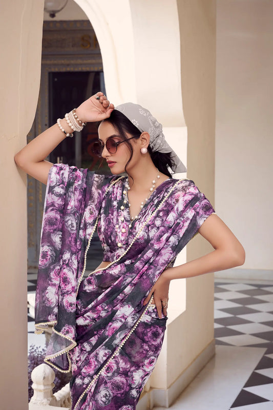 Sari gris fleuri en tissu marbré léger et bordure en dentelle perlée COLLECTION KATRINA
