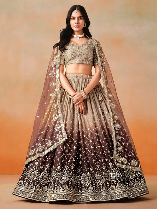 Lehenga en georgette et zari sequins marron foncé et clair COLLECTION AADHYA