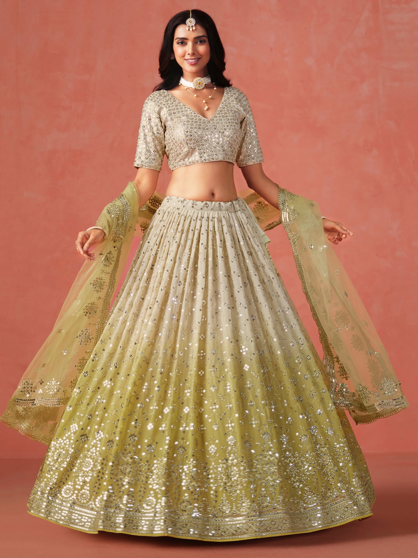 Rosa 3-teiliges Lehenga-Jacken-Set (Koti) mit Stickdetails