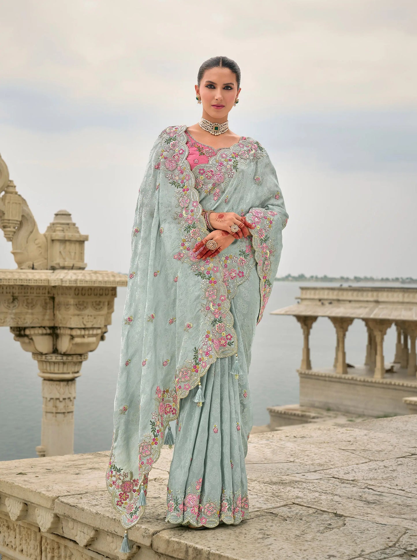 Sky blue viscose jacquard sari with embroidery, beads, khatli and zari weaving work