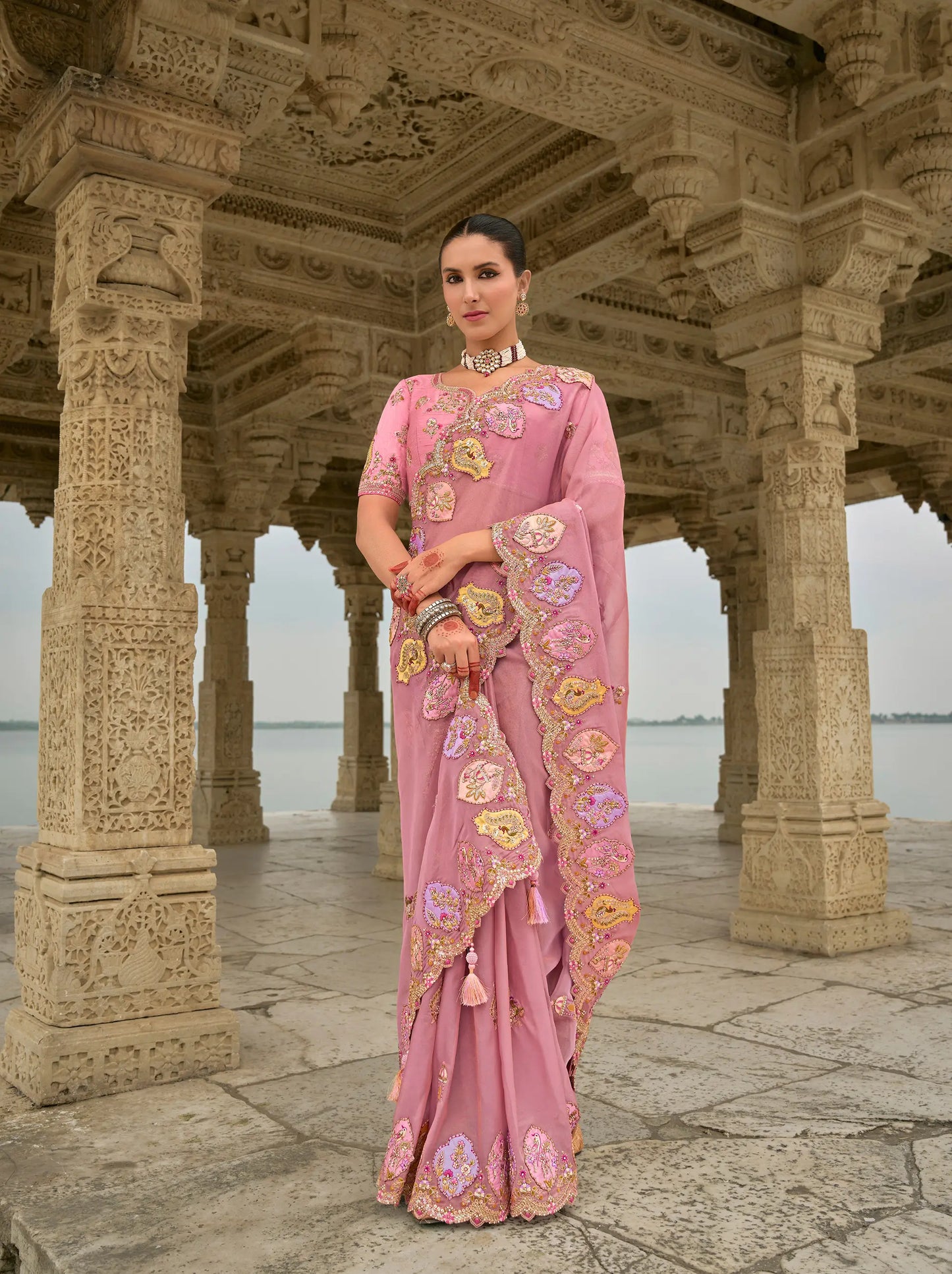 Old pink viscose jacquard sari with embroidery, beads, khatli and zari weaving work