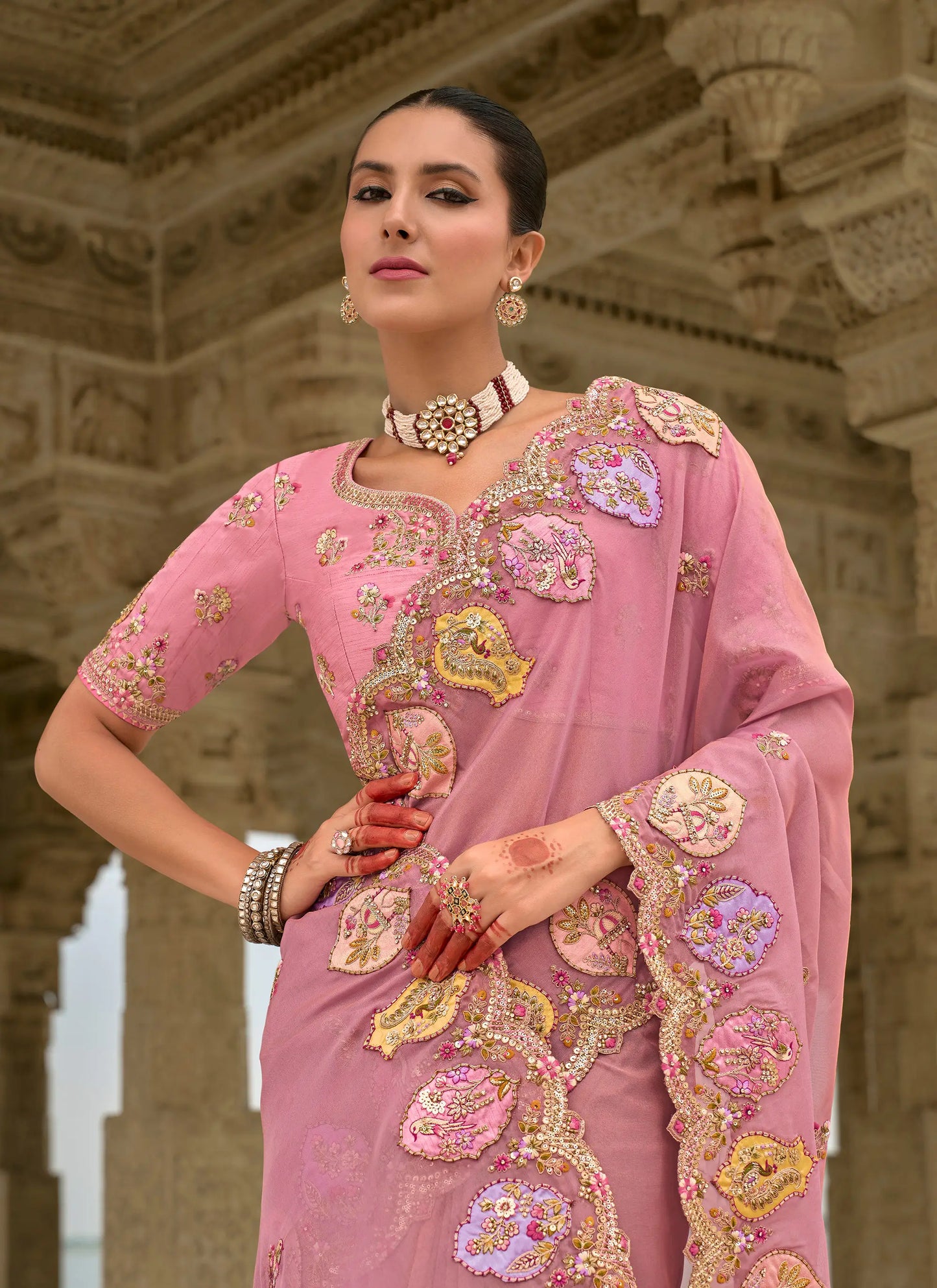 Old pink viscose jacquard sari with embroidery, beads, khatli and zari weaving work