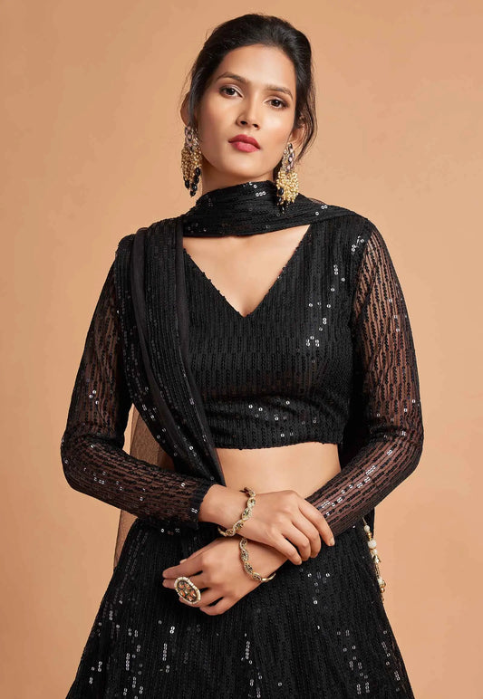 Lehenga choli noir en filet doux avec broderie en fil et multiples sequins