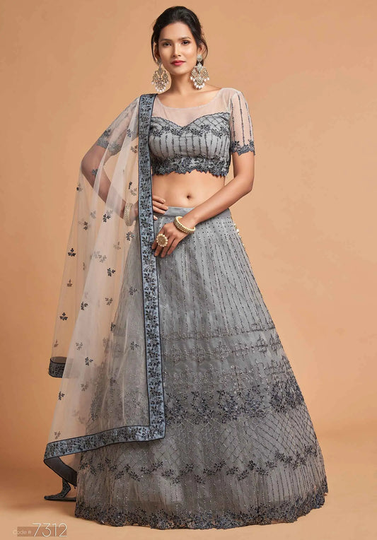 Lehenga en filet doux gris fumé avec broderies en zari, badla, dori et fil