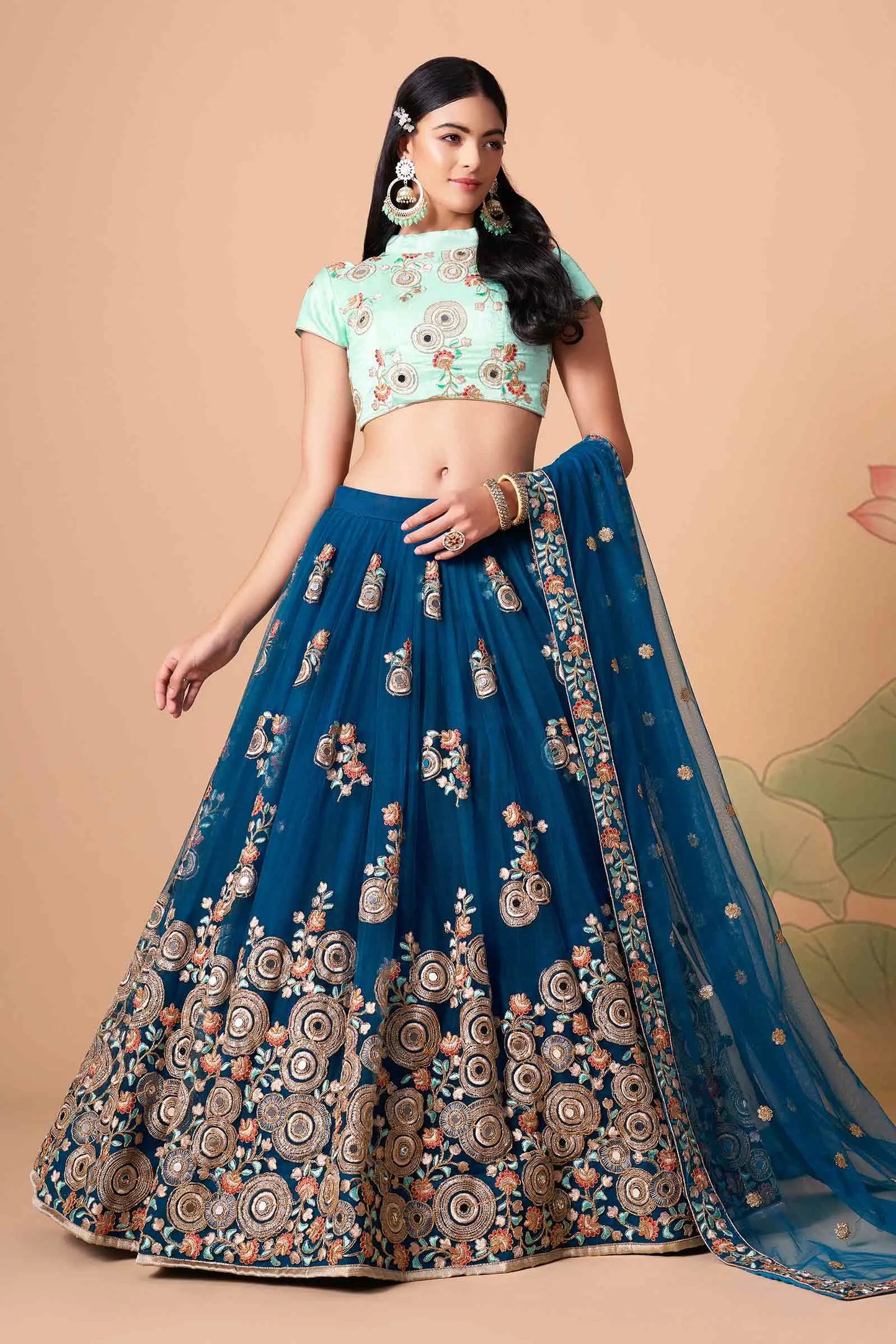 Lehenga bleu colombe en filet doux avec broderie au fil, zari, dori et sequins avec travail de miroir