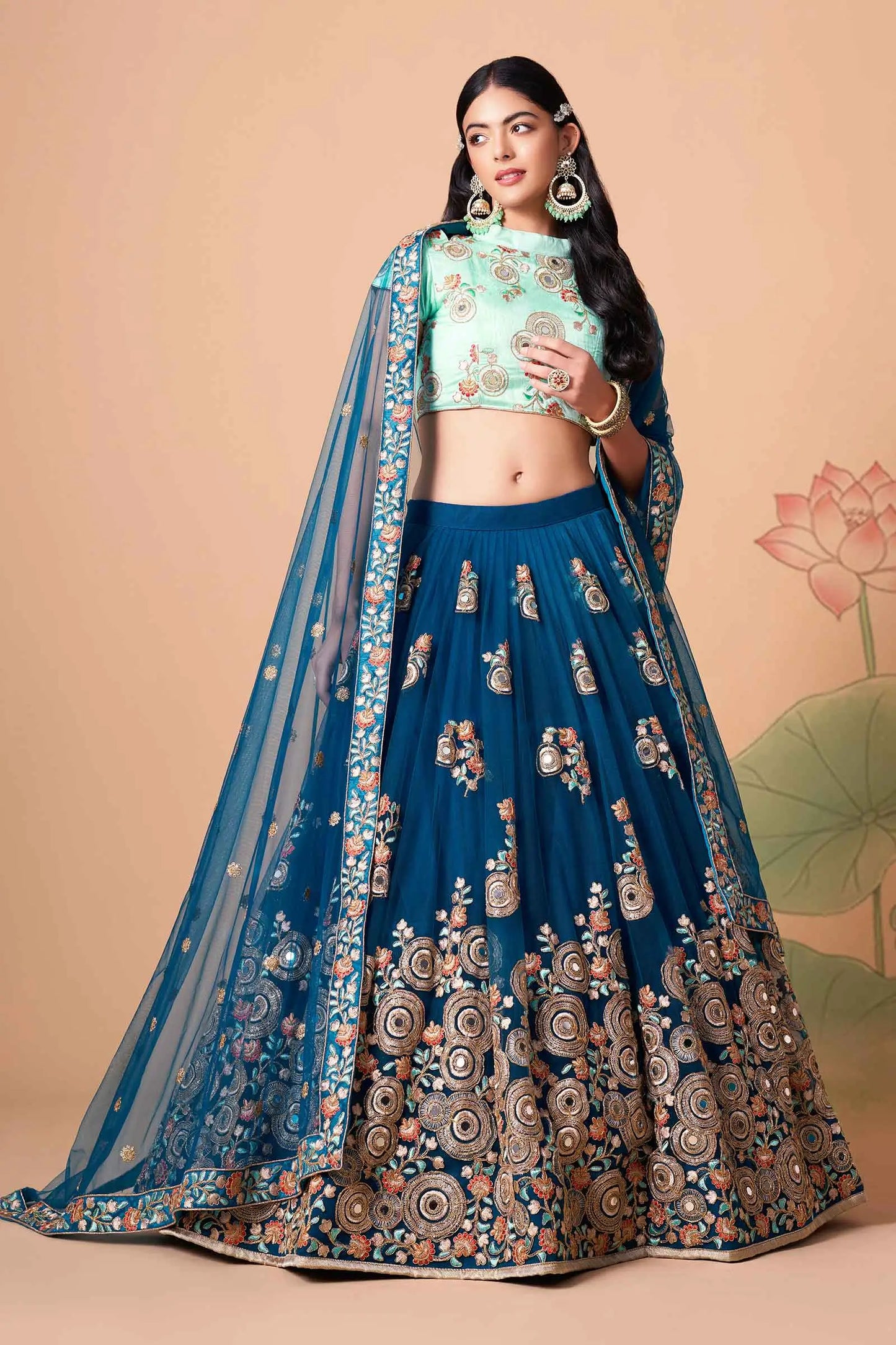 Lehenga bleu colombe en filet doux avec broderie au fil, zari, dori et sequins avec travail de miroir