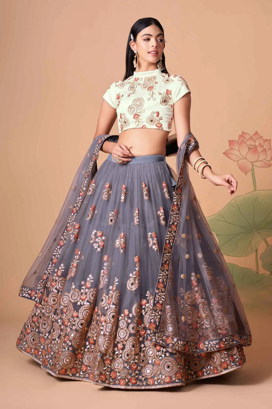 Lehenga en Tulle Gris avec Broderie en Fil, Zari, Dori et Sequins avec Travail de Miroir