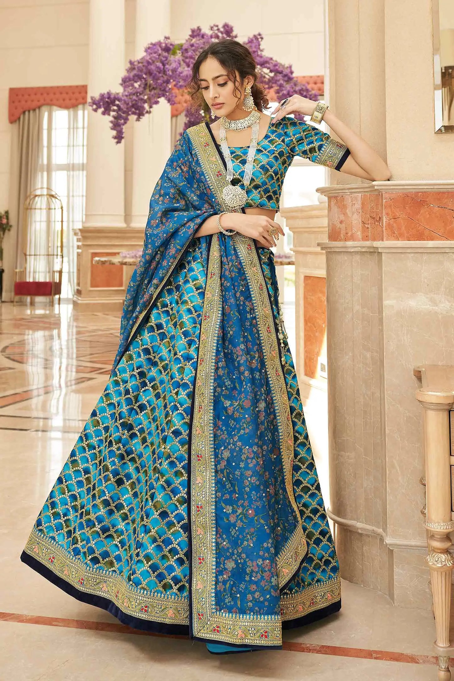 Designer Lehenga Choli Blau mit Fadenstickerei, Zari, Dori und Pailletten auf Kunstseide KAMYA COLLECTION DESIGNER INSPIRATION
