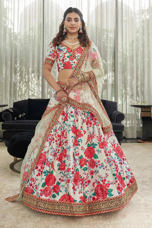 Lehenga blanc et rouge en soie artificielle avec imprimé floral numérique, orné de broderies Dori, de sequins et de pierres