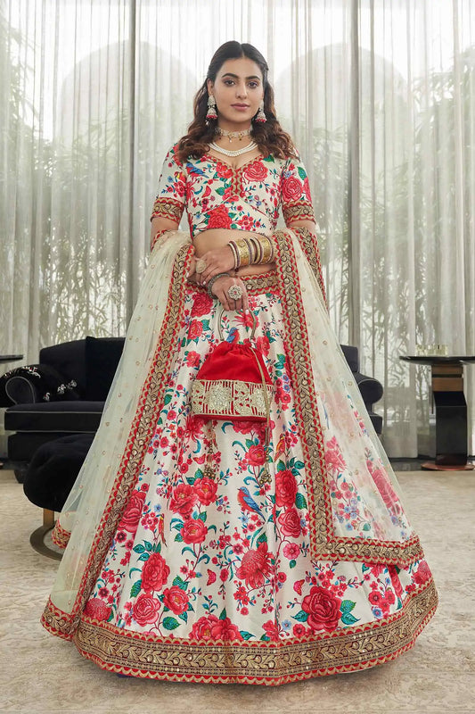 Lehenga blanc et rouge en soie artificielle avec imprimé floral numérique, orné de broderies Dori, de sequins et de pierres