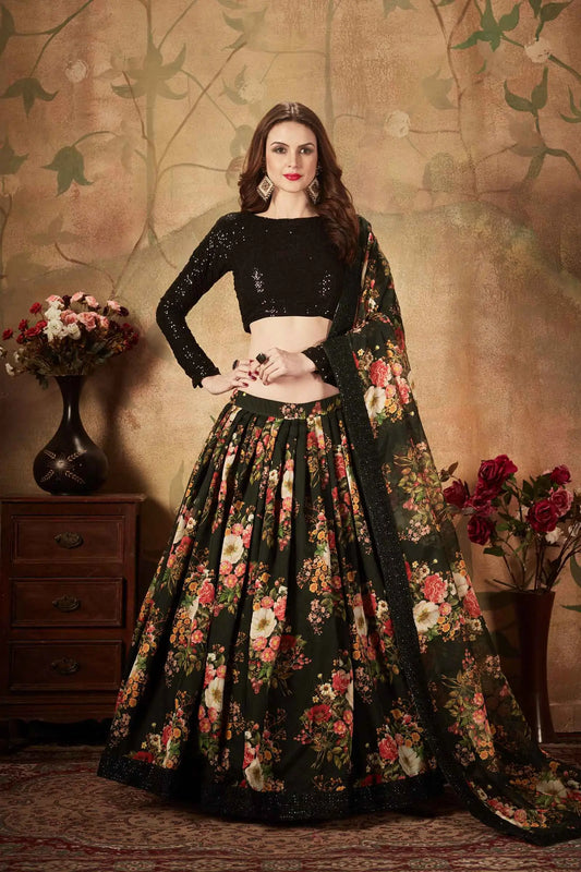 Lehenga en organza noir avec imprimé floral multicolore et travail de sequins