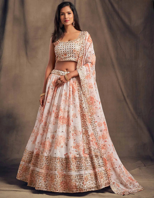 Lehenga en Organza à Imprimé Floral Blanc avec Travaux de Sequins