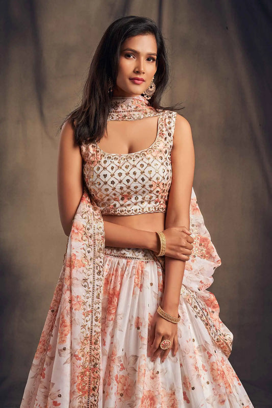 Lehenga en Organza à Imprimé Floral Blanc avec Travaux de Sequins