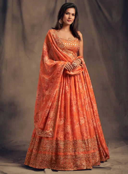 Lehenga en Organza à Imprimé Floral Orange avec Travaux de Sequins