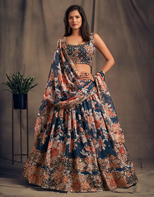 Lehenga en Organza à Imprimé Floral Bleu-vert avec Travaux de Sequins