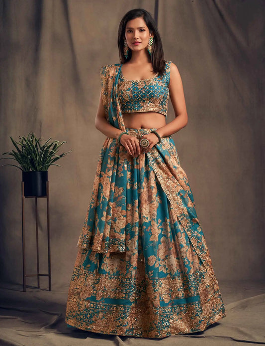 Lehenga en Organza à Imprimé Floral Bleu doux avec Travaux de Sequins