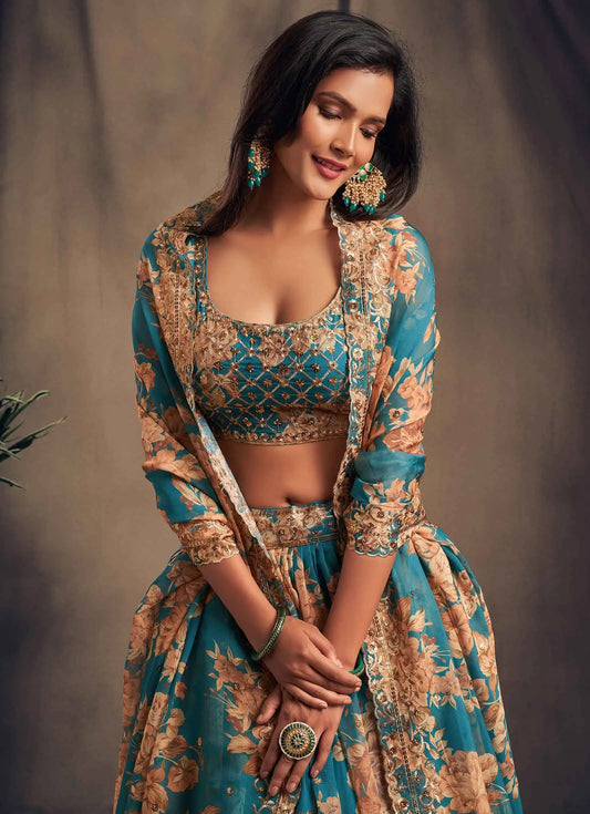 Lehenga en Organza à Imprimé Floral Bleu doux avec Travaux de Sequins