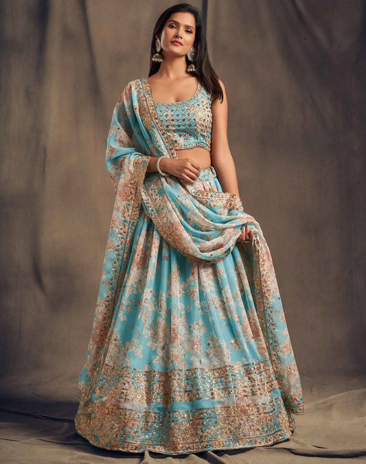 Lehenga en Organza à Imprimé Floral Bleu ciel avec Travaux de Sequins