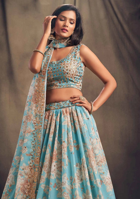 Lehenga en Organza à Imprimé Floral Bleu ciel avec Travaux de Sequins