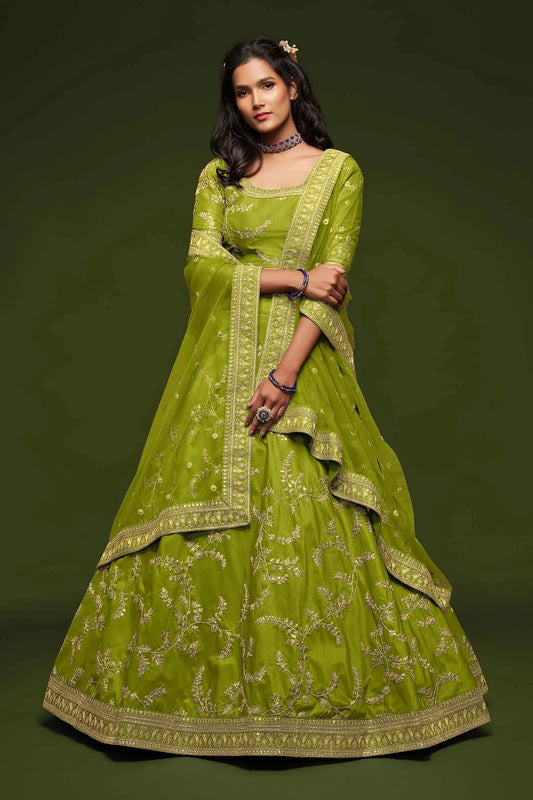Neon silk lehenga choli with thread embroidery, zari, dori and sequins