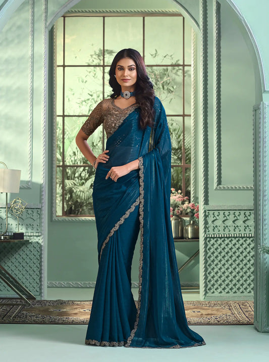 Sari de Fête Bleu en Georgette | Tenue Indienne Irisée avec Sequins